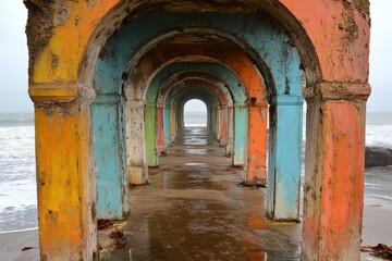 Fototapeta premium Colorful arches of a weathered pier along a sandy beach on a cloudy day near the ocean waves
