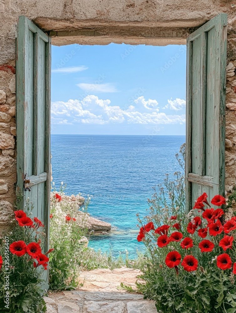 Poster serene ocean view through rustic stone window adorned with vibrant red poppies under a tranquil blue