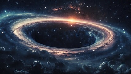 Vivid cosmic scene featuring a swirling black hole at the center, surrounded by bright stars and colorful nebulas in deep blue and orange hues.