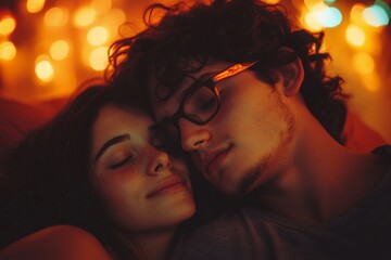 Couple sharing a tender moment with warm lights in the background during an intimate evening at home