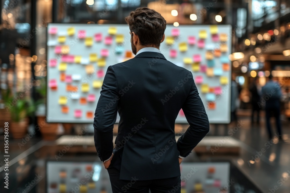 Poster Business professional analyzes colorful sticky notes in modern office setting during brainstorming session