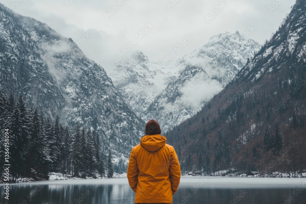 Poster person in yellow jacket stands by calm lake surrounded by mountains and mist in a serene wilderness 