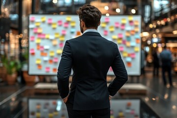 Fototapeta premium Business professional analyzes colorful sticky notes in modern office setting during brainstorming session