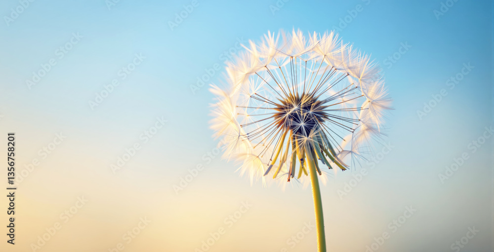 Poster dandelion with delicate seeds in close-up against a soft gradient sky background. warm sunlight enha