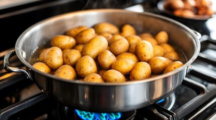 Boiling Baby Potatoes in Stainless Steel Pan on Gas Stove