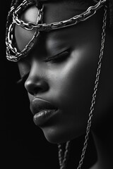Black-and-white photography of an African woman with chains, rings on her head