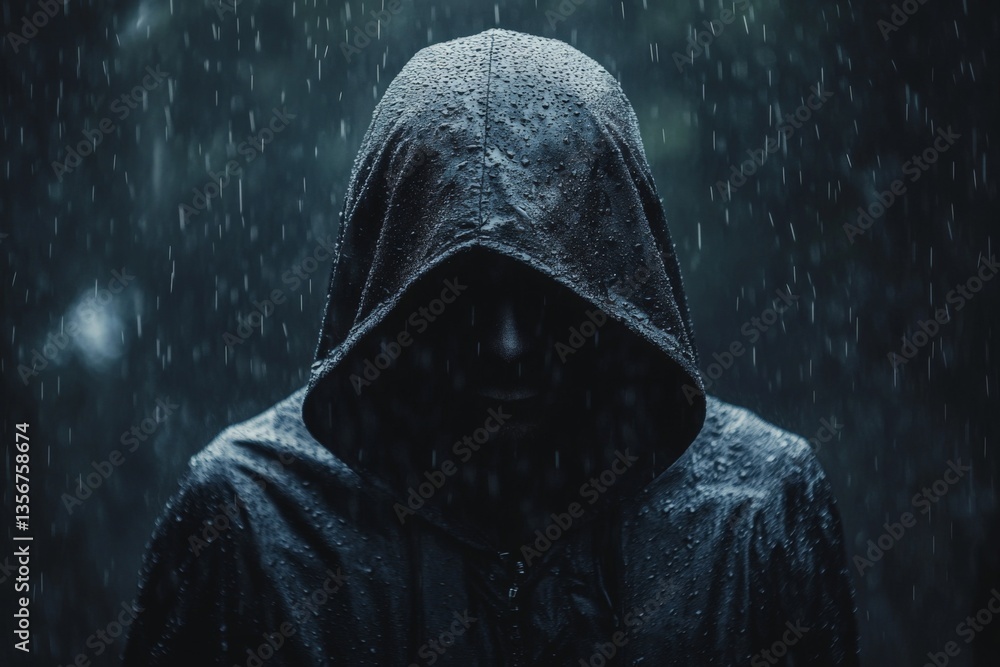 Poster mysterious figure stands alone in heavy rain under dark clouds during twilight