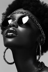 Black-and-white photography of an African woman with chains, rings on her head