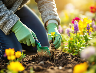 Naklejka premium Close-up of a gardener's hands wearing green gloves, planting flowers in soil using a small shovel. Vibrant flowers bloom in the background. Ai generative