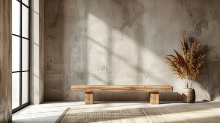 Minimalist interior with wooden bench and decorative plant, showcasing natural light and textures