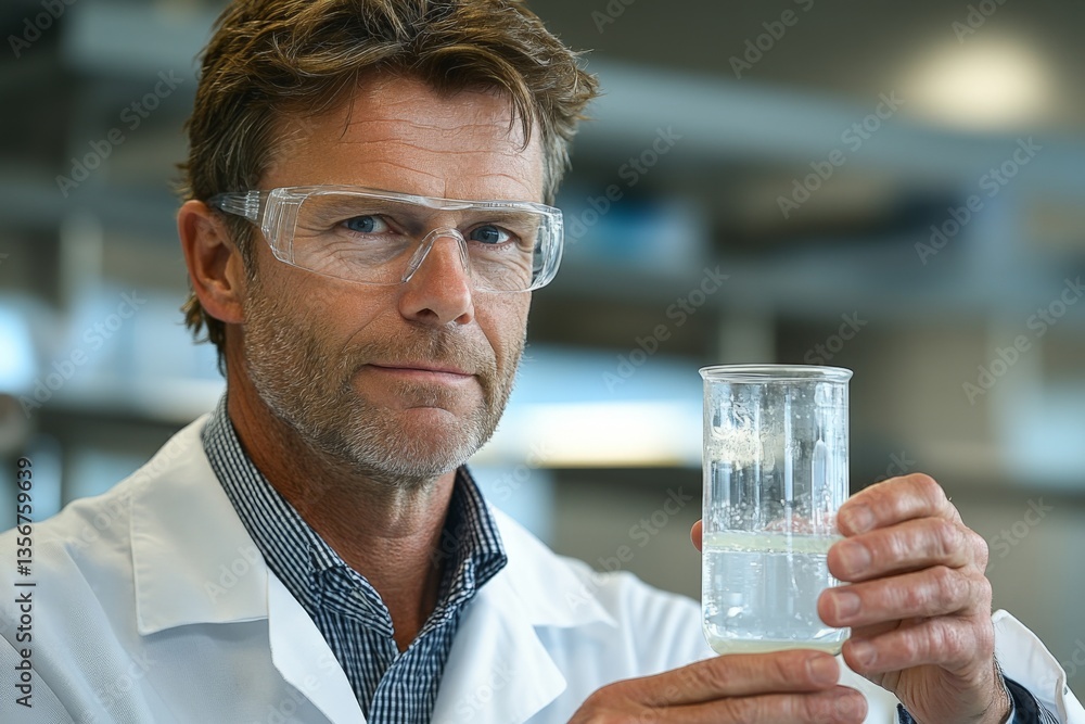 Poster Scientist conducting experiment and holding beaker of liquid in laboratory setting