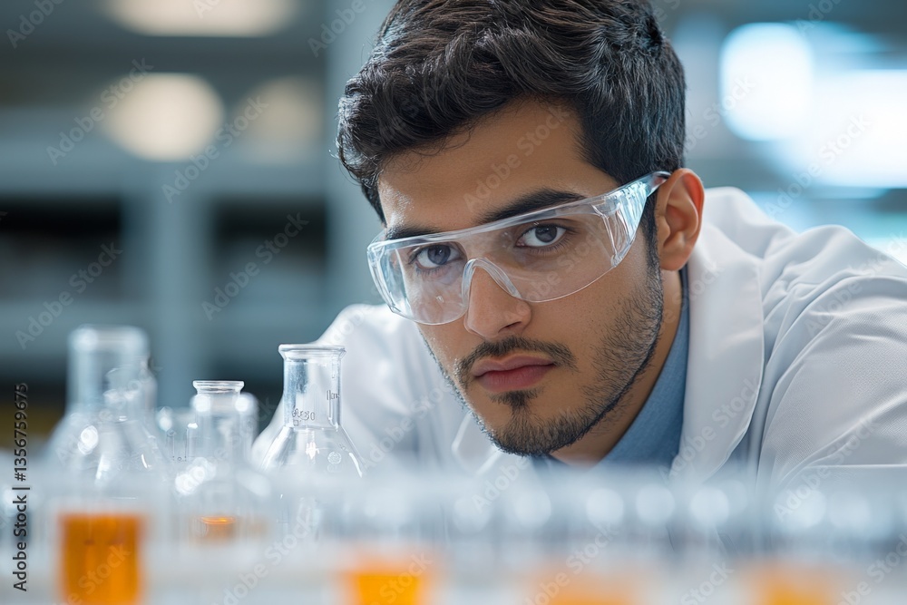 Aufkleber researcher examines chemical samples in laboratory during daytime, focusing on experiments and analy