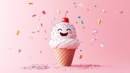 Joyful Ice Cream Cone Celebration: A Whimsical 3D Render of a Smiling Ice Cream Cone Surrounded by Colorful Confetti