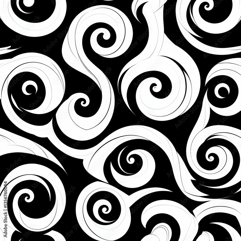 Poster Seamless abstract pattern featuring swirling monochrome spirals and elegant geometric curves in a minimalistic high-contrast design Generative AI