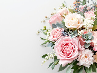 Beautiful bouquet of pink and white roses with green leaves and small berries on a soft light background. Creative floral wallpaper. Ai generative