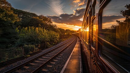 Scenic sunset view from a vintage train along a winding railway surrounded by lush greenery