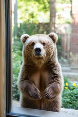 Obraz premium Curious Brown Bear Standing on Hind Legs Looking Through Glass Window Into Home Garden Park