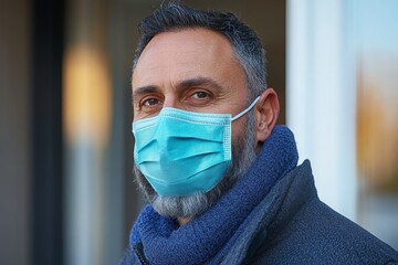 Man wearing a blue mask stands outdoors with a serious expression during a chilly day