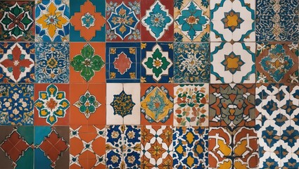 Colorful Moroccan tile patterns in a grid formation featuring blue, orange, green, and white hues, showcasing intricate geometric designs and textures.