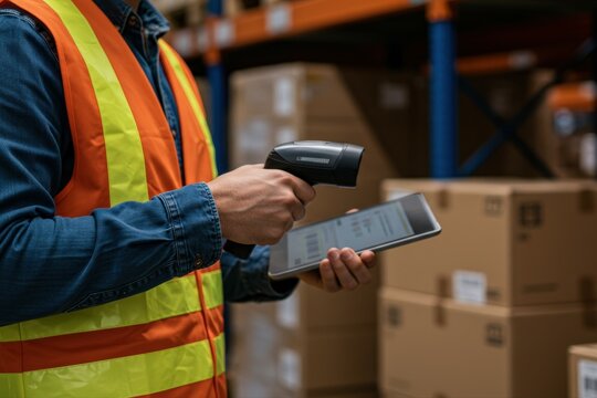 Logistics, hands and man scanning barcode in warehouse with tablet for price or serial number. Cardboard, package and closeup of male cargo worker with digital technology for inventory in storage.