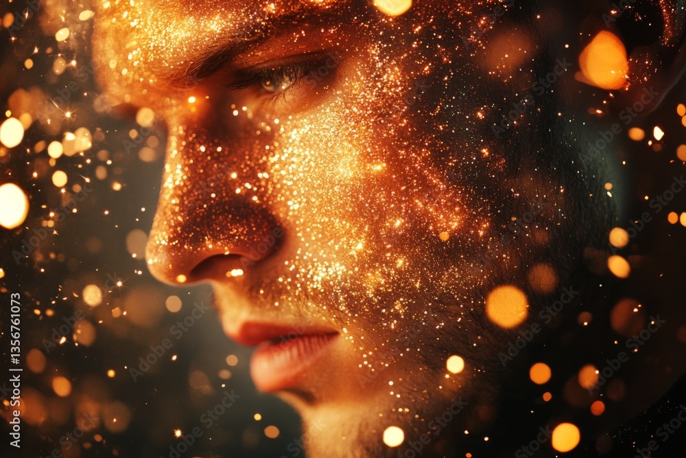 Poster Close-up of a young man with golden particles highlighting his facial features in a creative artistic setting