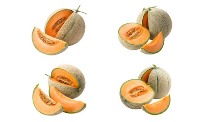 Cantaloupe melon with sliced isolated, Fresh fruits collection, Collection set of Cantaloupe melon isolated