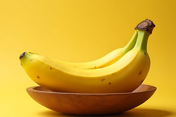 vibrant, close-up shot of a ripe banana placed in a rustic wooden bowl, with a clean, neutral background 