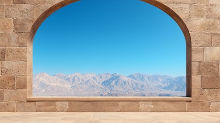 Mountain View Framed By A Stone Archway Under A Clear Sky