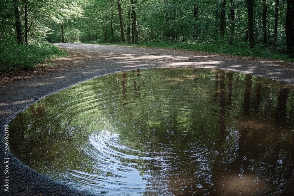 Poster reflection of trees in a puddle on a dirt path surrounded by greenery in a serene forest setting