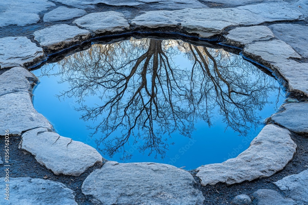 Aufkleber reflection of bare trees in still water surrounded by stones on a clear day