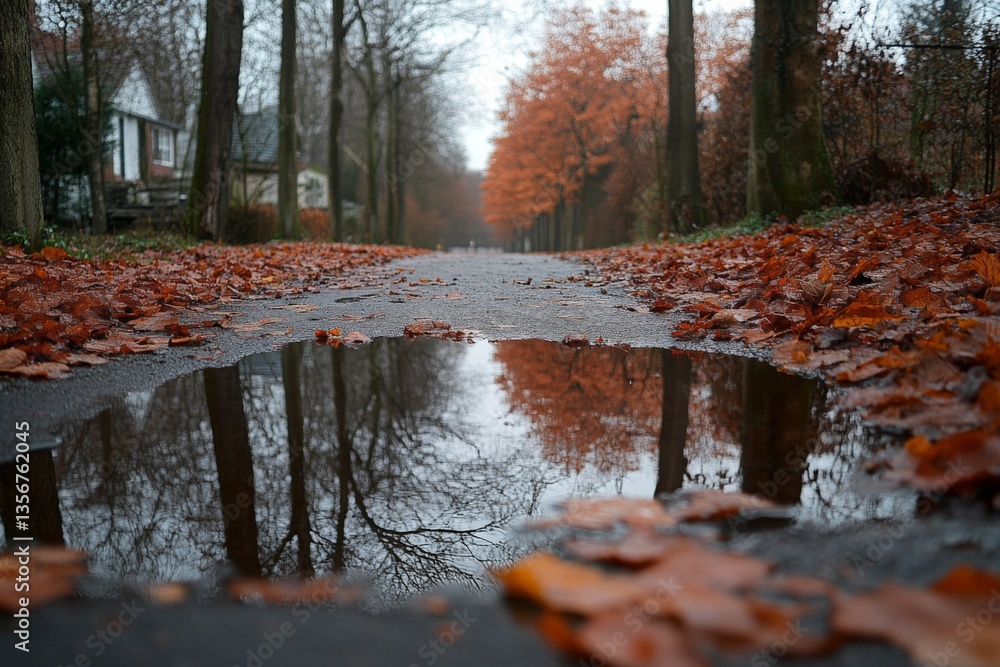 Poster fall leaves and reflections create a serene atmosphere on a quiet path in the early morning