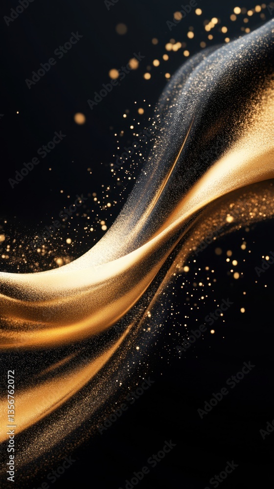 Poster abstract wave of golden glitter flowing on a black background elegant and luxurious design with spar