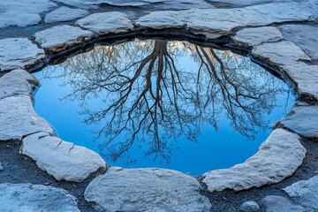 Reflection of bare trees in still water surrounded by stones on a clear day