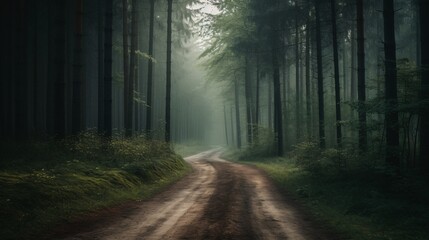 Tranquil Trail Through Mystical Forest Amidst Dense Greenery and Atmospheric Foggy Landscape View