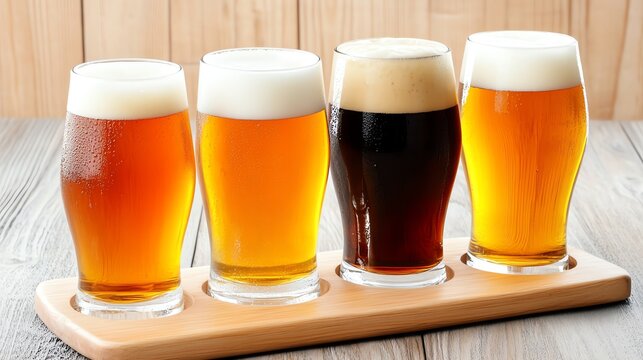 Four distinct beer types in glasses arranged on a wooden tray against a rustic background.