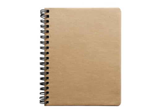 A tan colored notebook with a black spiral binding is centered isolated on transparent background