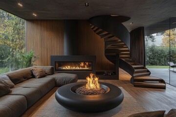 Cozy modern living space with a spiral staircase and indoor fire feature in a serene setting