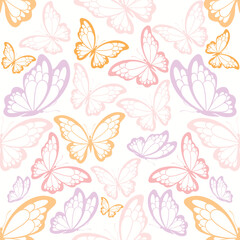 Seamless pastel butterfly pattern in soft pink, lavender, and peach tones. Light and airy design, perfect for textiles, wallpapers, gift wrap, invitations, baby products, and spring-themed projects.
