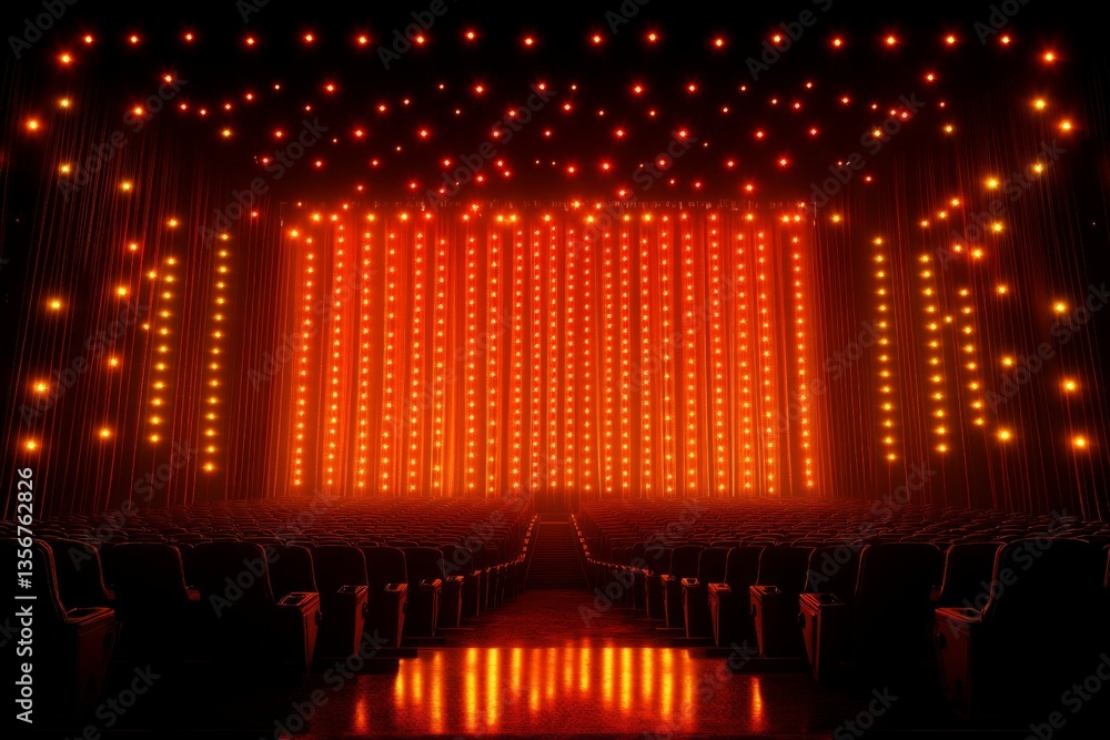 Poster bright lights illuminate a theater stage at night, creating an inviting atmosphere for an upcoming p