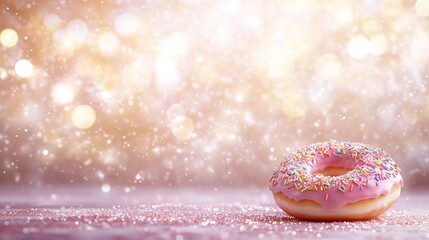 Pink Sprinkle Donut on Glittery Background