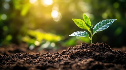 Fototapeta premium Emerging seedling in rich soil symbolizing new beginnings and growth with sunlight backdrop and green foliage