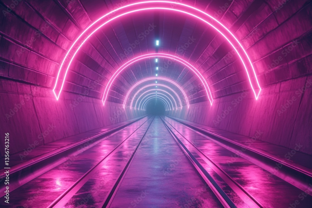Aufkleber neon lights illuminate a futuristic tunnel with reflective surfaces in a modern urban setting at nig