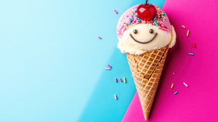 Smiling Ice Cream Cone on Colorful Background