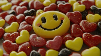 Joyful Smiley Face Amidst Red and Yellow Hearts