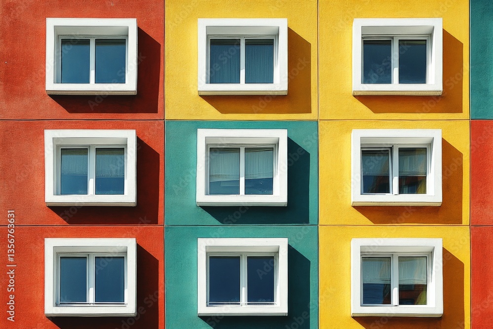 Poster colorful building facade showcasing unique window arrangements in a modern urban environment
