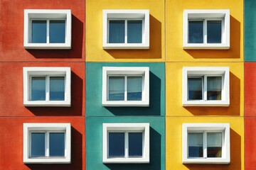 Colorful building facade showcasing unique window arrangements in a modern urban environment