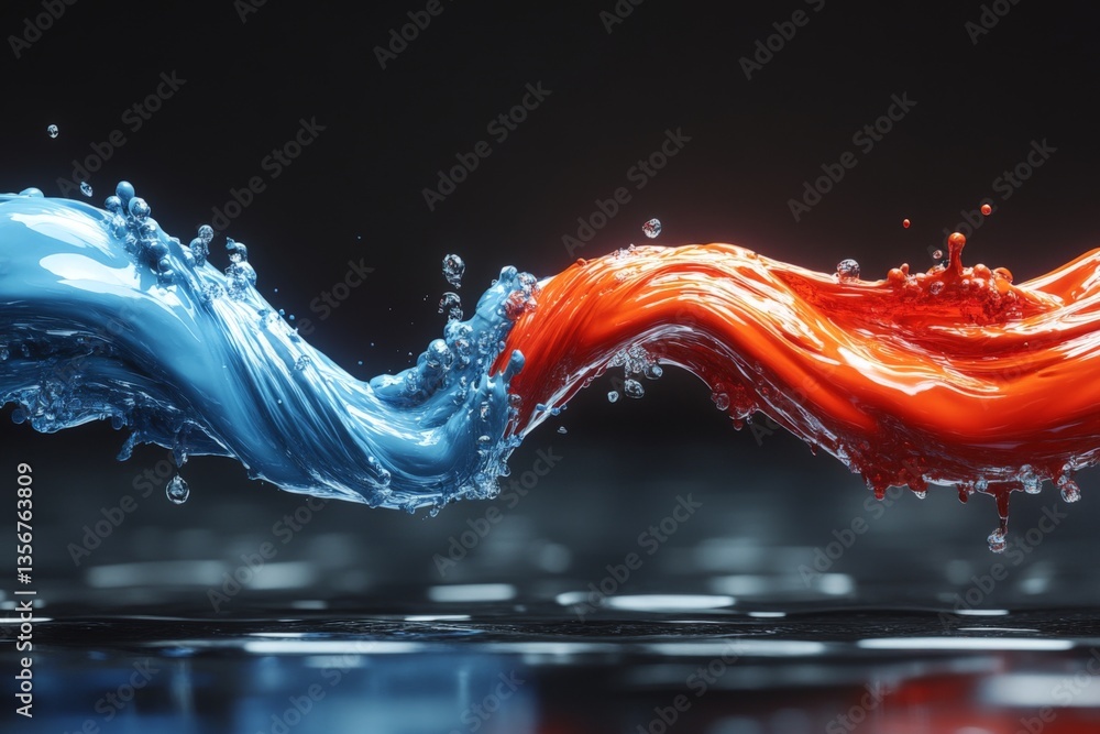 Poster dynamic splash of blue and red liquid blending in mid-air above a reflective surface