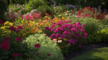 Fototapeta premium Vivid Floral Display Rich with Diverse Colors in a Garden Setting with Abundant Foliage Backdrop