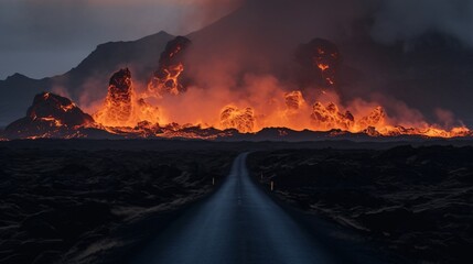 Volcanic Eruption Over Road Creates Fiery Display of Nature s Power During a Cloudy Day
