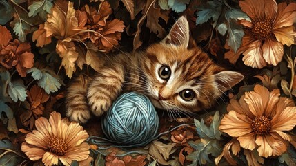 Adorable Kitten Amidst Autumn Blooms
